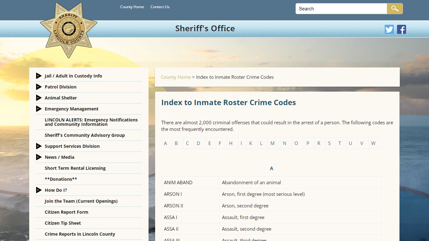Index to Inmate Roster Crime Codes | Lincoln County Oregon